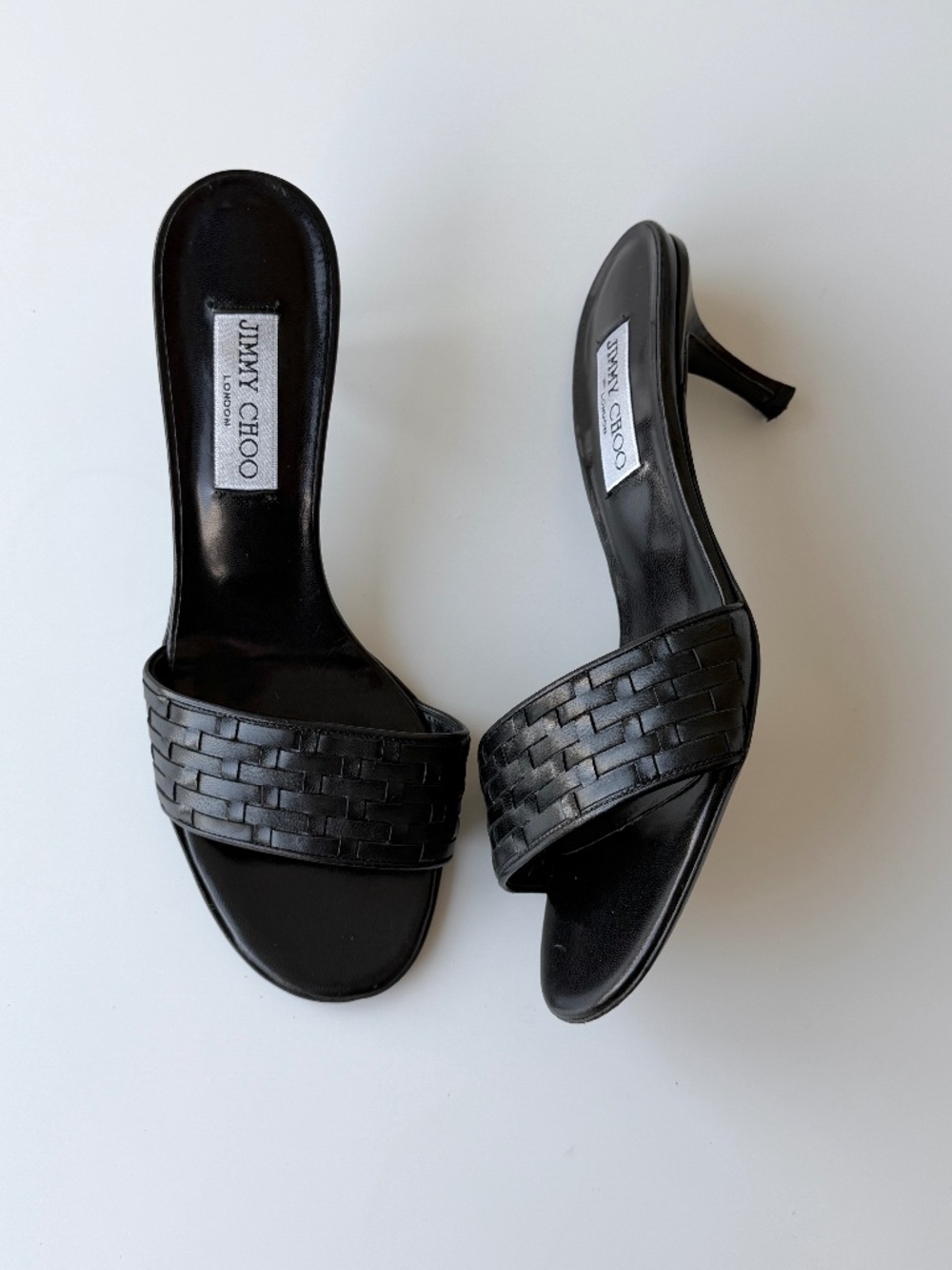 Vintage Jimmy Choo black woven leather mule sandals, IT 38.5, ~US 8.5, heel heig